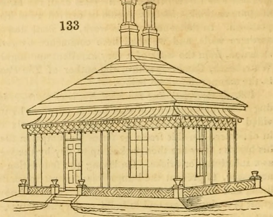An illustration from An encyclopædia of cottage, farm, and villa architecture and furniture : containing numerous designs for dwellings from the cottage to the villa including farm houses, farmeries, and other agricultural buildings, several designs for country inns, public houses, and parochial schools, with the requisite fittings-up fixtures and furniture ; and appropriate offices, gardens and garden scenery ; each design accompanied by analytical and critical marks illustrative of the principles of archtiectural science and taste on whihc it is composed, 1836, leaf 101