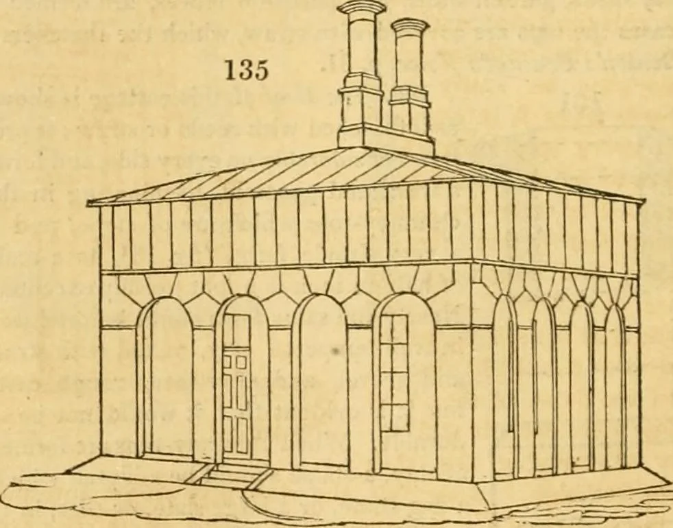 An illustration from An encyclopædia of cottage, farm, and villa architecture and furniture : containing numerous designs for dwellings from the cottage to the villa including farm houses, farmeries, and other agricultural buildings, several designs for country inns, public houses, and parochial schools, with the requisite fittings-up fixtures and furniture ; and appropriate offices, gardens and garden scenery ; each design accompanied by analytical and critical marks illustrative of the principles of archtiectural science and taste on whihc it is composed, 1836, leaf 101
