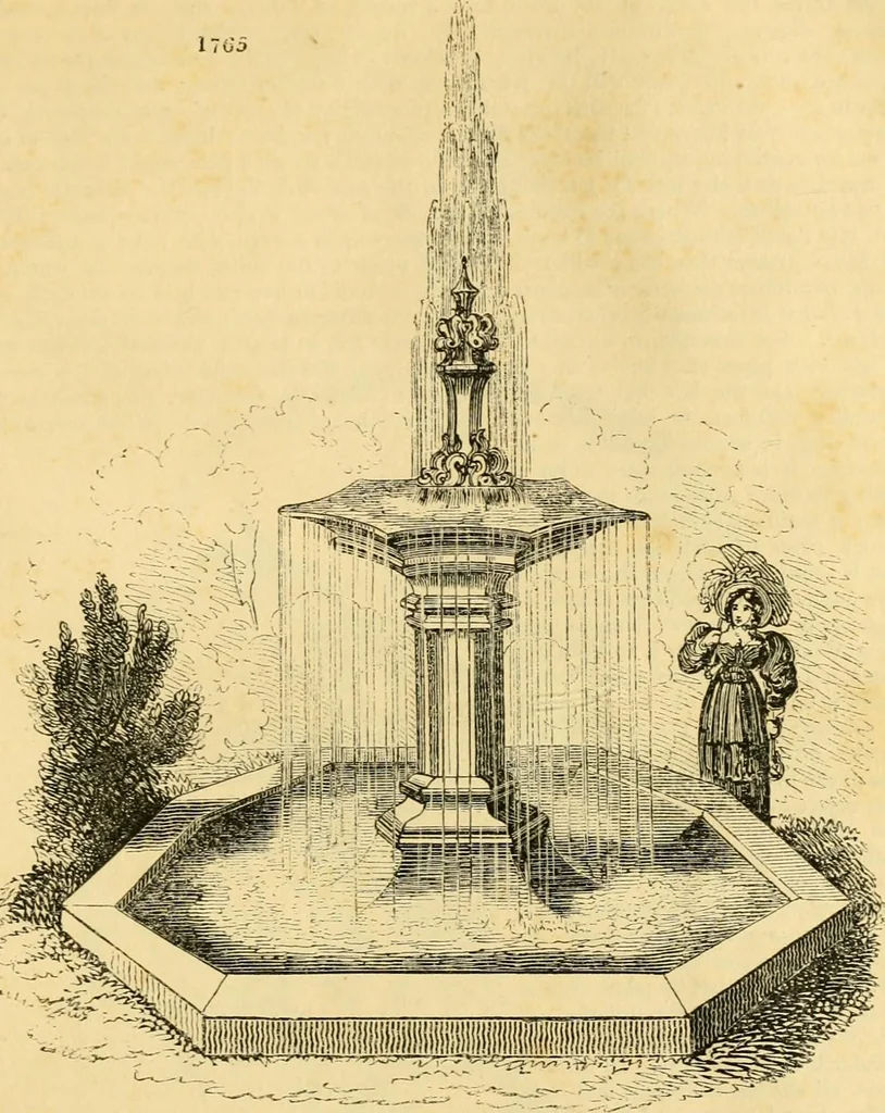 An illustration from An encyclopædia of cottage, farm, and villa architecture and furniture : containing numerous designs for dwellings from the cottage to the villa including farm houses, farmeries, and other agricultural buildings, several designs for country inns, public houses, and parochial schools, with the requisite fittings-up fixtures and furniture ; and appropriate offices, gardens and garden scenery ; each design accompanied by analytical and critical marks illustrative of the principles of archtiectural science and taste on whihc it is composed, 1836, leaf 1012