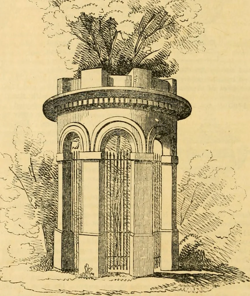 An illustration from An encyclopædia of cottage, farm, and villa architecture and furniture : containing numerous designs for dwellings from the cottage to the villa including farm houses, farmeries, and other agricultural buildings, several designs for country inns, public houses, and parochial schools, with the requisite fittings-up fixtures and furniture ; and appropriate offices, gardens and garden scenery ; each design accompanied by analytical and critical marks illustrative of the principles of archtiectural science and taste on whihc it is composed, 1836, leaf 1019