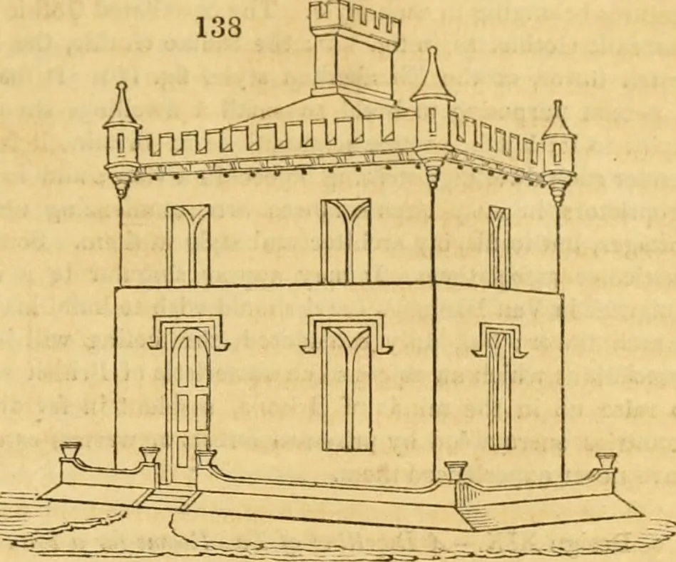 An illustration from An encyclopædia of cottage, farm, and villa architecture and furniture : containing numerous designs for dwellings from the cottage to the villa including farm houses, farmeries, and other agricultural buildings, several designs for country inns, public houses, and parochial schools, with the requisite fittings-up fixtures and furniture ; and appropriate offices, gardens and garden scenery ; each design accompanied by analytical and critical marks illustrative of the principles of archtiectural science and taste on whihc it is composed, 1836, leaf 102