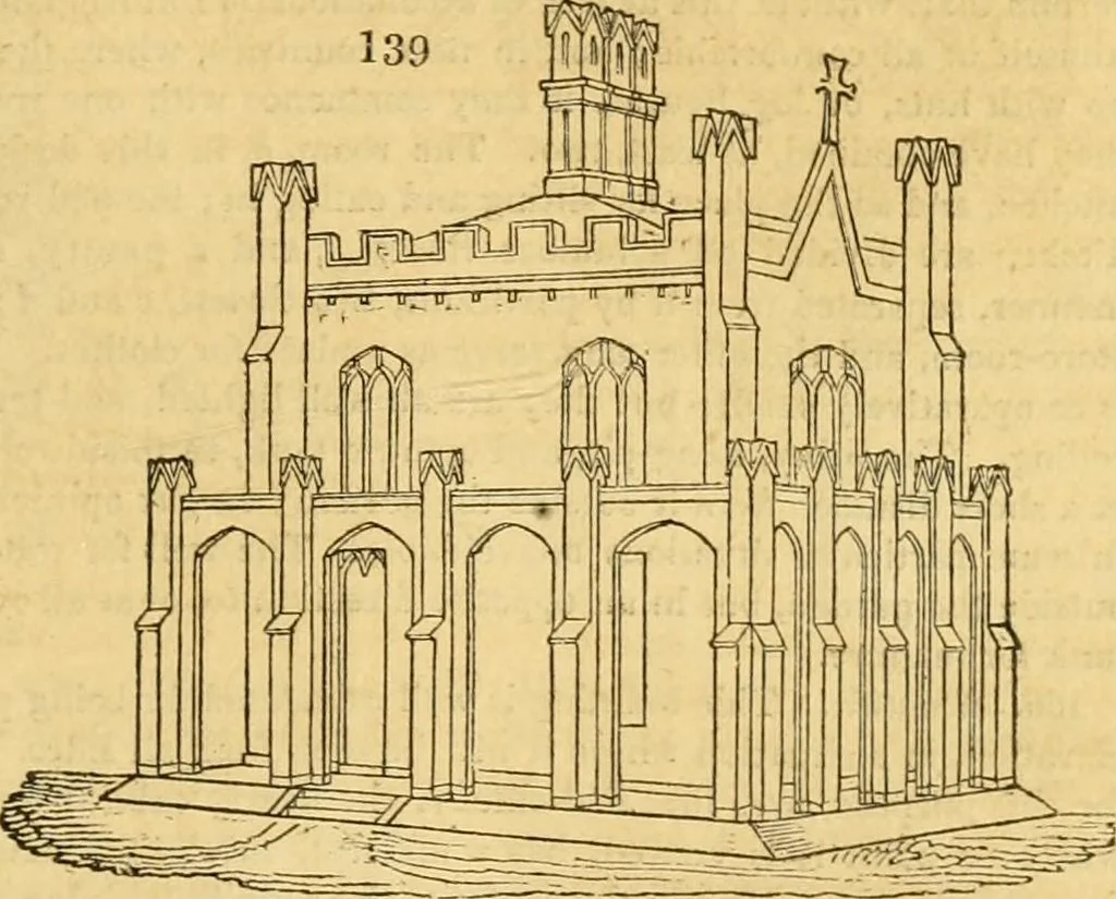 An illustration from An encyclopædia of cottage, farm, and villa architecture and furniture : containing numerous designs for dwellings from the cottage to the villa including farm houses, farmeries, and other agricultural buildings, several designs for country inns, public houses, and parochial schools, with the requisite fittings-up fixtures and furniture ; and appropriate offices, gardens and garden scenery ; each design accompanied by analytical and critical marks illustrative of the principles of archtiectural science and taste on whihc it is composed, 1836, leaf 102