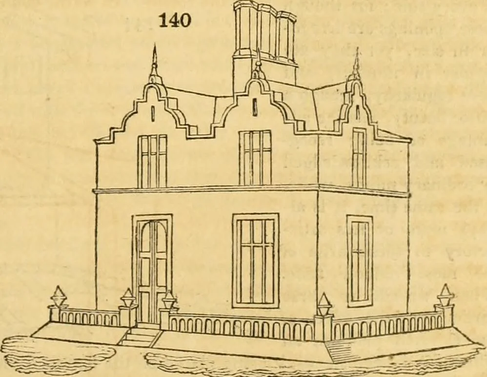 An illustration from An encyclopædia of cottage, farm, and villa architecture and furniture : containing numerous designs for dwellings from the cottage to the villa including farm houses, farmeries, and other agricultural buildings, several designs for country inns, public houses, and parochial schools, with the requisite fittings-up fixtures and furniture ; and appropriate offices, gardens and garden scenery ; each design accompanied by analytical and critical marks illustrative of the principles of archtiectural science and taste on whihc it is composed, 1836, leaf 102
