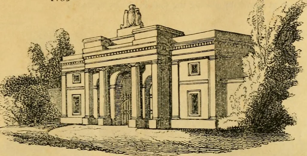 An illustration from An encyclopædia of cottage, farm, and villa architecture and furniture : containing numerous designs for dwellings from the cottage to the villa including farm houses, farmeries, and other agricultural buildings, several designs for country inns, public houses, and parochial schools, with the requisite fittings-up fixtures and furniture ; and appropriate offices, gardens and garden scenery ; each design accompanied by analytical and critical marks illustrative of the principles of archtiectural science and taste on whihc it is composed, 1836, leaf 1022