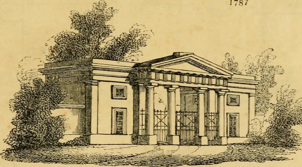 An illustration from An encyclopædia of cottage, farm, and villa architecture and furniture : containing numerous designs for dwellings from the cottage to the villa including farm houses, farmeries, and other agricultural buildings, several designs for country inns, public houses, and parochial schools, with the requisite fittings-up fixtures and furniture ; and appropriate offices, gardens and garden scenery ; each design accompanied by analytical and critical marks illustrative of the principles of archtiectural science and taste on whihc it is composed, 1836, leaf 1022