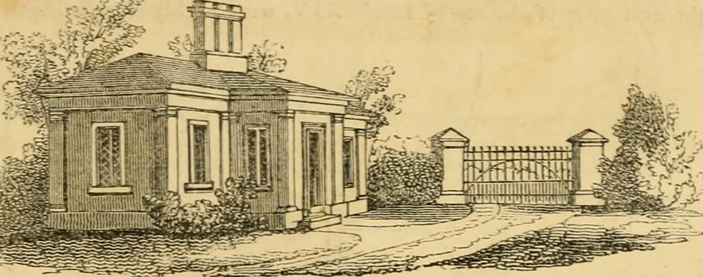 An illustration from An encyclopædia of cottage, farm, and villa architecture and furniture : containing numerous designs for dwellings from the cottage to the villa including farm houses, farmeries, and other agricultural buildings, several designs for country inns, public houses, and parochial schools, with the requisite fittings-up fixtures and furniture ; and appropriate offices, gardens and garden scenery ; each design accompanied by analytical and critical marks illustrative of the principles of archtiectural science and taste on whihc it is composed, 1836, leaf 1024