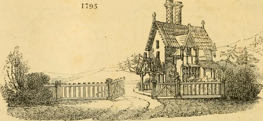An illustration from An encyclopædia of cottage, farm, and villa architecture and furniture : containing numerous designs for dwellings from the cottage to the villa including farm houses, farmeries, and other agricultural buildings, several designs for country inns, public houses, and parochial schools, with the requisite fittings-up fixtures and furniture ; and appropriate offices, gardens and garden scenery ; each design accompanied by analytical and critical marks illustrative of the principles of archtiectural science and taste on whihc it is composed, 1836, leaf 1025