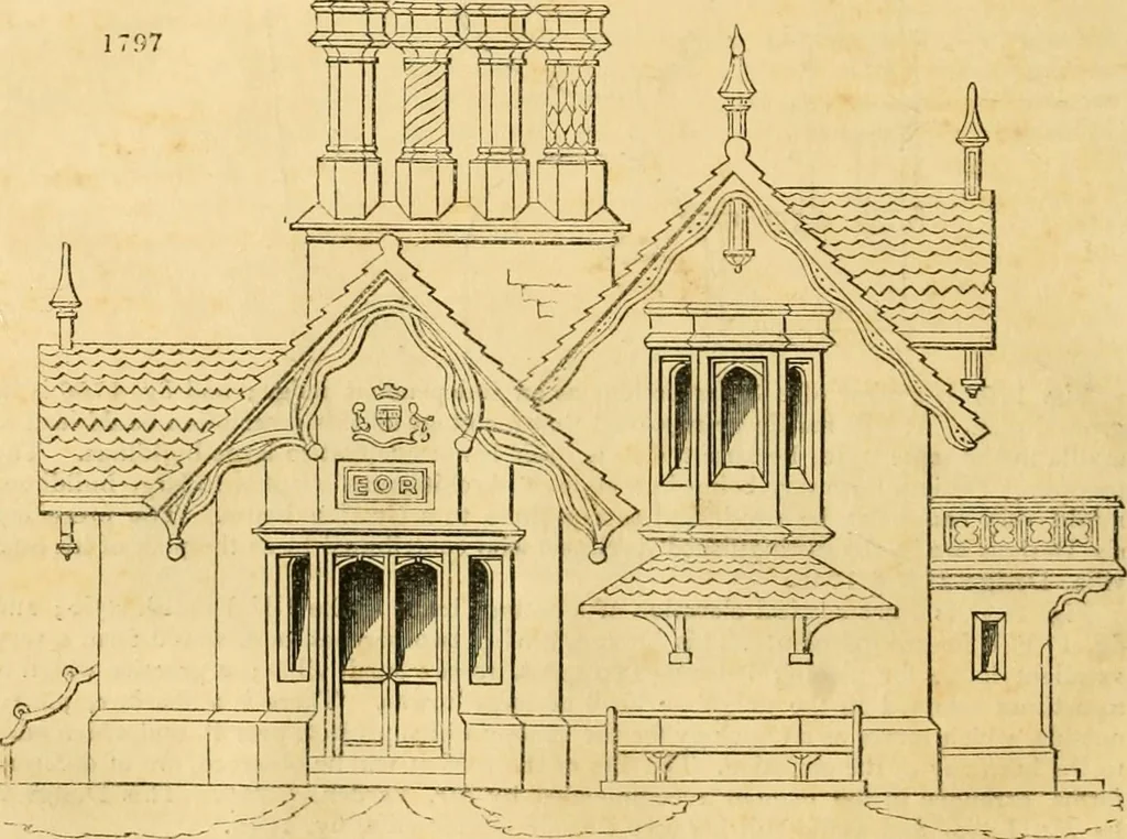 An illustration from An encyclopædia of cottage, farm, and villa architecture and furniture : containing numerous designs for dwellings from the cottage to the villa including farm houses, farmeries, and other agricultural buildings, several designs for country inns, public houses, and parochial schools, with the requisite fittings-up fixtures and furniture ; and appropriate offices, gardens and garden scenery ; each design accompanied by analytical and critical marks illustrative of the principles of archtiectural science and taste on whihc it is composed, 1836, leaf 1025