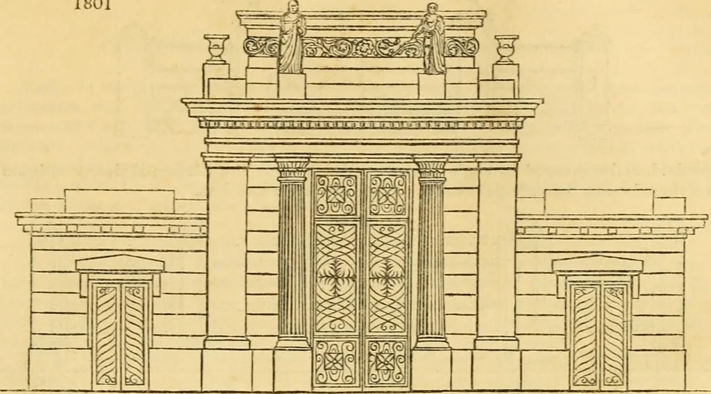 An illustration from An encyclopædia of cottage, farm, and villa architecture and furniture : containing numerous designs for dwellings from the cottage to the villa including farm houses, farmeries, and other agricultural buildings, several designs for country inns, public houses, and parochial schools, with the requisite fittings-up fixtures and furniture ; and appropriate offices, gardens and garden scenery ; each design accompanied by analytical and critical marks illustrative of the principles of archtiectural science and taste on whihc it is composed, 1836, leaf 1028
