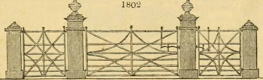 An illustration from An encyclopædia of cottage, farm, and villa architecture and furniture : containing numerous designs for dwellings from the cottage to the villa including farm houses, farmeries, and other agricultural buildings, several designs for country inns, public houses, and parochial schools, with the requisite fittings-up fixtures and furniture ; and appropriate offices, gardens and garden scenery ; each design accompanied by analytical and critical marks illustrative of the principles of archtiectural science and taste on whihc it is composed, 1836, leaf 1028