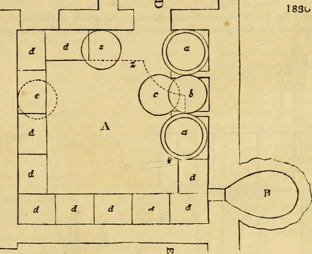 An illustration from An encyclopædia of cottage, farm, and villa architecture and furniture : containing numerous designs for dwellings from the cottage to the villa including farm houses, farmeries, and other agricultural buildings, several designs for country inns, public houses, and parochial schools, with the requisite fittings-up fixtures and furniture ; and appropriate offices, gardens and garden scenery ; each design accompanied by analytical and critical marks illustrative of the principles of archtiectural science and taste on whihc it is composed, 1836, leaf 1048