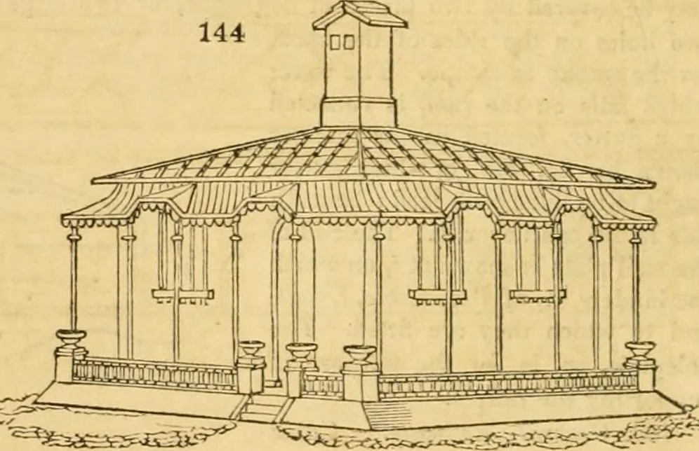 An illustration from An encyclopædia of cottage, farm, and villa architecture and furniture : containing numerous designs for dwellings from the cottage to the villa including farm houses, farmeries, and other agricultural buildings, several designs for country inns, public houses, and parochial schools, with the requisite fittings-up fixtures and furniture ; and appropriate offices, gardens and garden scenery ; each design accompanied by analytical and critical marks illustrative of the principles of archtiectural science and taste on whihc it is composed, 1836, leaf 105