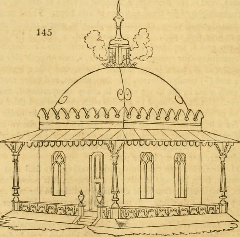 An illustration from An encyclopædia of cottage, farm, and villa architecture and furniture : containing numerous designs for dwellings from the cottage to the villa including farm houses, farmeries, and other agricultural buildings, several designs for country inns, public houses, and parochial schools, with the requisite fittings-up fixtures and furniture ; and appropriate offices, gardens and garden scenery ; each design accompanied by analytical and critical marks illustrative of the principles of archtiectural science and taste on whihc it is composed, 1836, leaf 105