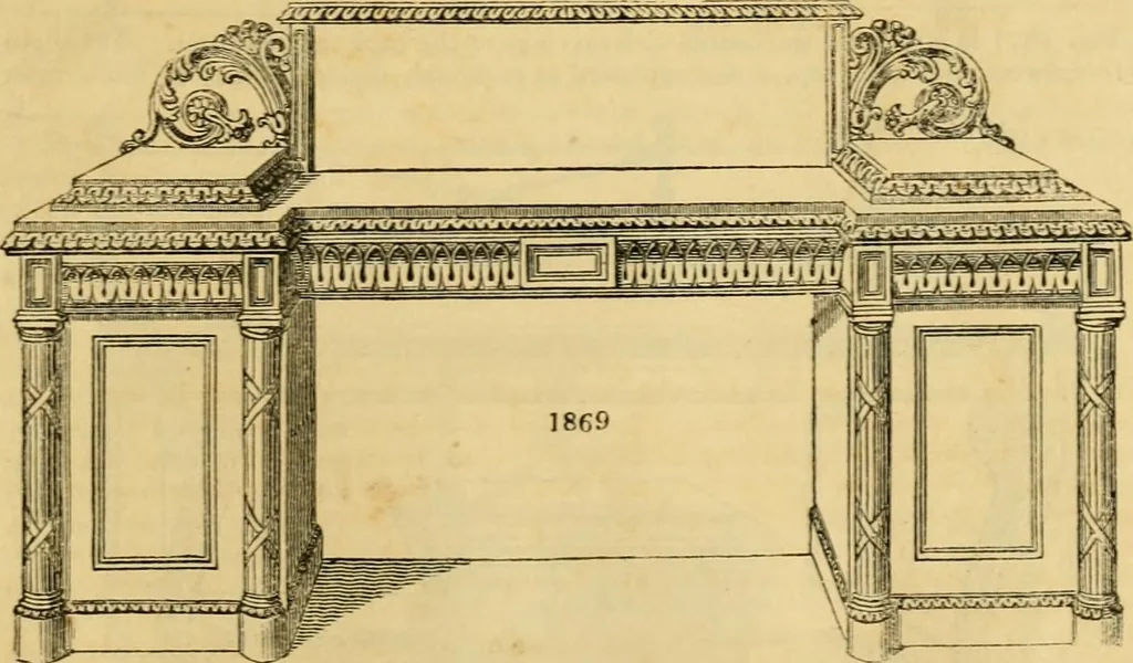 An illustration from An encyclopædia of cottage, farm, and villa architecture and furniture : containing numerous designs for dwellings from the cottage to the villa including farm houses, farmeries, and other agricultural buildings, several designs for country inns, public houses, and parochial schools, with the requisite fittings-up fixtures and furniture ; and appropriate offices, gardens and garden scenery ; each design accompanied by analytical and critical marks illustrative of the principles of archtiectural science and taste on whihc it is composed, 1836, leaf 1066
