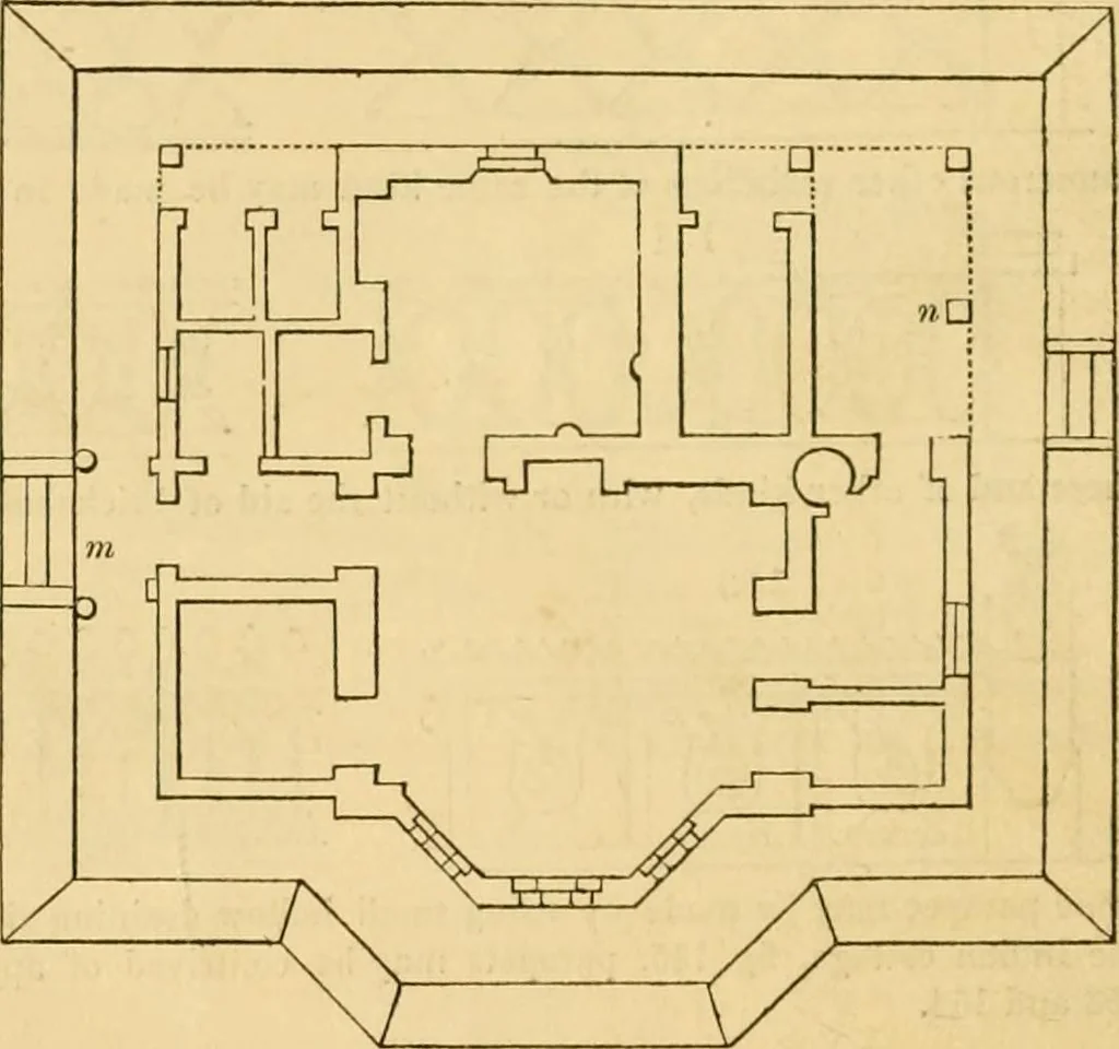 An illustration from An encyclopædia of cottage, farm, and villa architecture and furniture : containing numerous designs for dwellings from the cottage to the villa including farm houses, farmeries, and other agricultural buildings, several designs for country inns, public houses, and parochial schools, with the requisite fittings-up fixtures and furniture ; and appropriate offices, gardens and garden scenery ; each design accompanied by analytical and critical marks illustrative of the principles of archtiectural science and taste on whihc it is composed, 1836, leaf 107