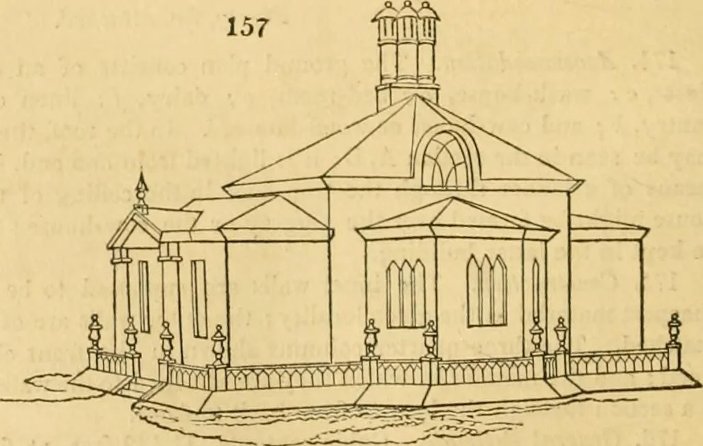 An illustration from An encyclopædia of cottage, farm, and villa architecture and furniture : containing numerous designs for dwellings from the cottage to the villa including farm houses, farmeries, and other agricultural buildings, several designs for country inns, public houses, and parochial schools, with the requisite fittings-up fixtures and furniture ; and appropriate offices, gardens and garden scenery ; each design accompanied by analytical and critical marks illustrative of the principles of archtiectural science and taste on whihc it is composed, 1836, leaf 107