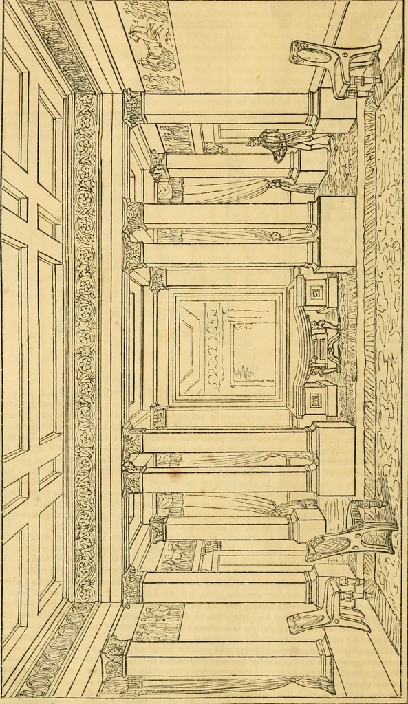 An illustration from An encyclopædia of cottage, farm, and villa architecture and furniture : containing numerous designs for dwellings from the cottage to the villa including farm houses, farmeries, and other agricultural buildings, several designs for country inns, public houses, and parochial schools, with the requisite fittings-up fixtures and furniture ; and appropriate offices, gardens and garden scenery ; each design accompanied by analytical and critical marks illustrative of the principles of archtiectural science and taste on whihc it is composed, 1836, leaf 1075