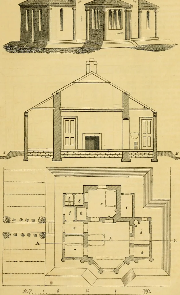 An illustration from An encyclopædia of cottage, farm, and villa architecture and furniture : containing numerous designs for dwellings from the cottage to the villa including farm houses, farmeries, and other agricultural buildings, several designs for country inns, public houses, and parochial schools, with the requisite fittings-up fixtures and furniture ; and appropriate offices, gardens and garden scenery ; each design accompanied by analytical and critical marks illustrative of the principles of archtiectural science and taste on whihc it is composed, 1836, leaf 108
