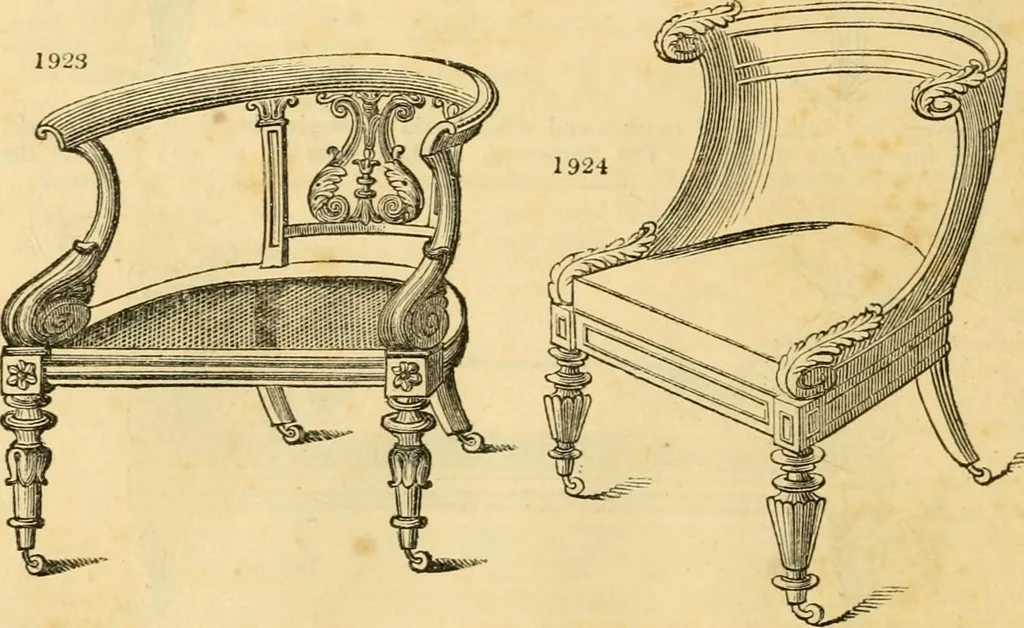 An illustration from An encyclopædia of cottage, farm, and villa architecture and furniture : containing numerous designs for dwellings from the cottage to the villa including farm houses, farmeries, and other agricultural buildings, several designs for country inns, public houses, and parochial schools, with the requisite fittings-up fixtures and furniture ; and appropriate offices, gardens and garden scenery ; each design accompanied by analytical and critical marks illustrative of the principles of archtiectural science and taste on whihc it is composed, 1836, leaf 1083