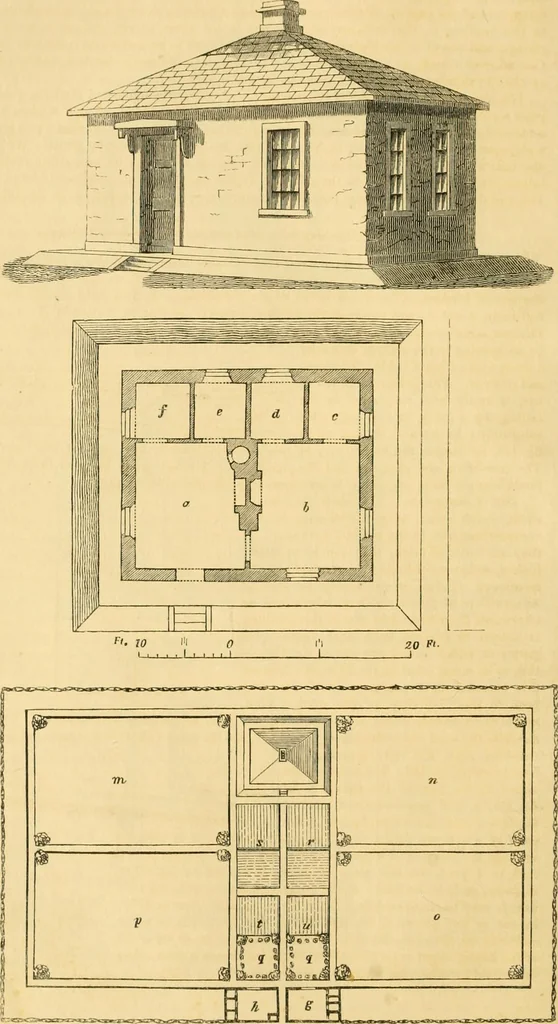 An illustration from An encyclopædia of cottage, farm, and villa architecture and furniture : containing numerous designs for dwellings from the cottage to the villa including farm houses, farmeries, and other agricultural buildings, several designs for country inns, public houses, and parochial schools, with the requisite fittings-up fixtures and furniture ; and appropriate offices, gardens and garden scenery ; each design accompanied by analytical and critical marks illustrative of the principles of archtiectural science and taste on whihc it is composed, 1836, leaf 109