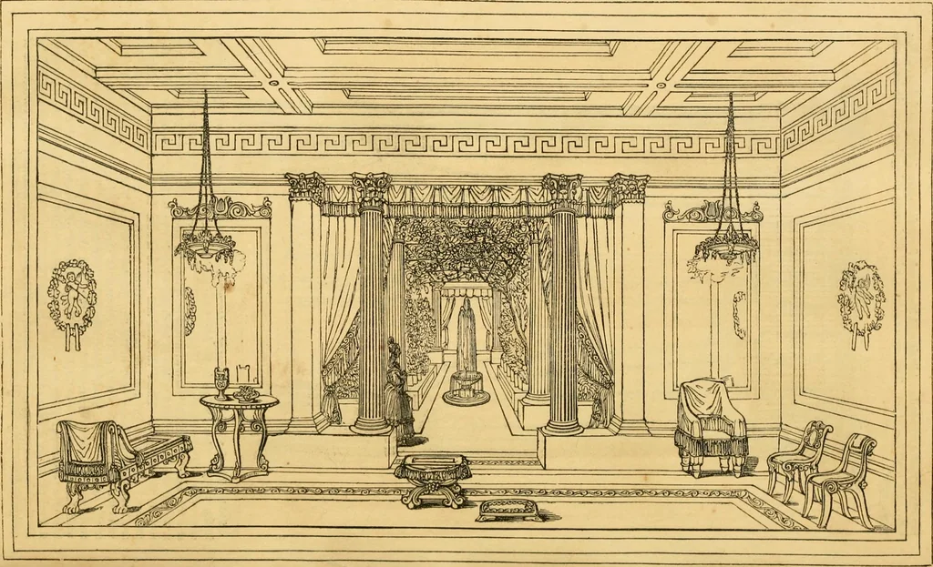 An illustration from An encyclopædia of cottage, farm, and villa architecture and furniture : containing numerous designs for dwellings from the cottage to the villa including farm houses, farmeries, and other agricultural buildings, several designs for country inns, public houses, and parochial schools, with the requisite fittings-up fixtures and furniture ; and appropriate offices, gardens and garden scenery ; each design accompanied by analytical and critical marks illustrative of the principles of archtiectural science and taste on whihc it is composed, 1836, leaf 1101
