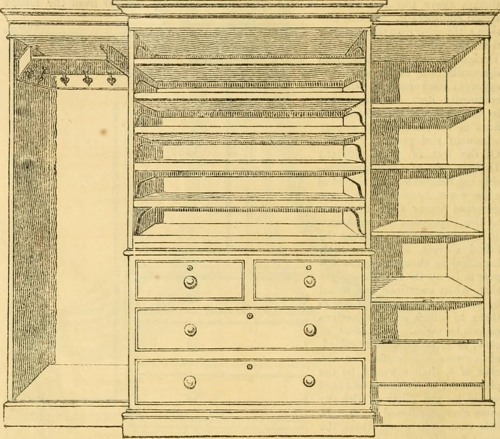 An illustration from An encyclopædia of cottage, farm, and villa architecture and furniture : containing numerous designs for dwellings from the cottage to the villa including farm houses, farmeries, and other agricultural buildings, several designs for country inns, public houses, and parochial schools, with the requisite fittings-up fixtures and furniture ; and appropriate offices, gardens and garden scenery ; each design accompanied by analytical and critical marks illustrative of the principles of archtiectural science and taste on whihc it is composed, 1836, leaf 1107