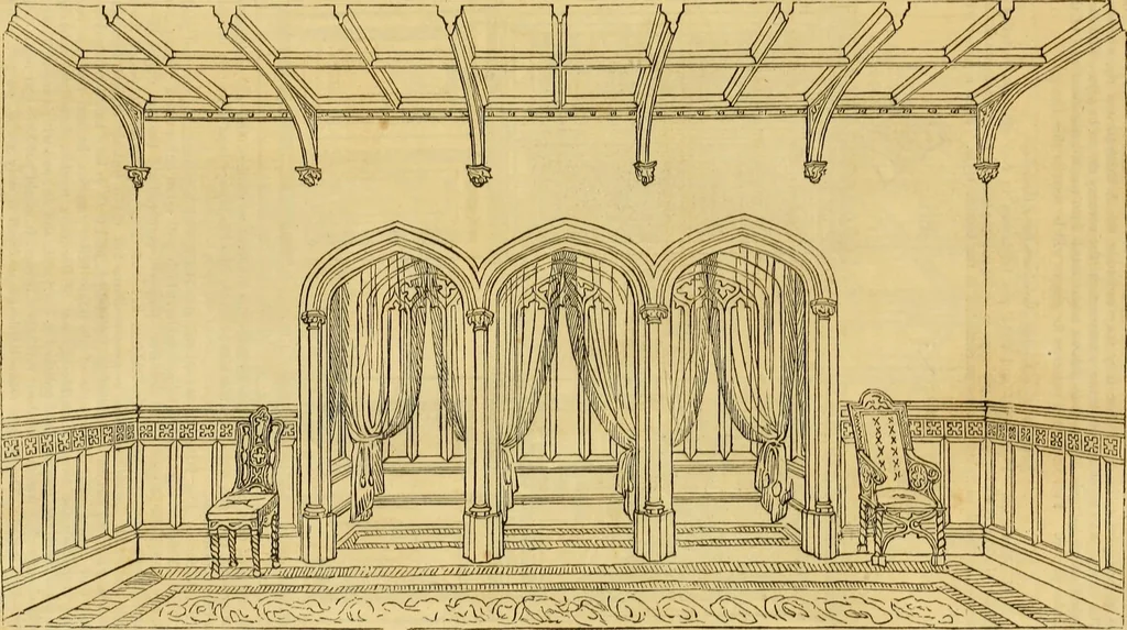 An illustration from An encyclopædia of cottage, farm, and villa architecture and furniture : containing numerous designs for dwellings from the cottage to the villa including farm houses, farmeries, and other agricultural buildings, several designs for country inns, public houses, and parochial schools, with the requisite fittings-up fixtures and furniture ; and appropriate offices, gardens and garden scenery ; each design accompanied by analytical and critical marks illustrative of the principles of archtiectural science and taste on whihc it is composed, 1836, leaf 1114