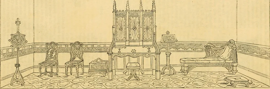 An illustration from An encyclopædia of cottage, farm, and villa architecture and furniture : containing numerous designs for dwellings from the cottage to the villa including farm houses, farmeries, and other agricultural buildings, several designs for country inns, public houses, and parochial schools, with the requisite fittings-up fixtures and furniture ; and appropriate offices, gardens and garden scenery ; each design accompanied by analytical and critical marks illustrative of the principles of archtiectural science and taste on whihc it is composed, 1836, leaf 1119