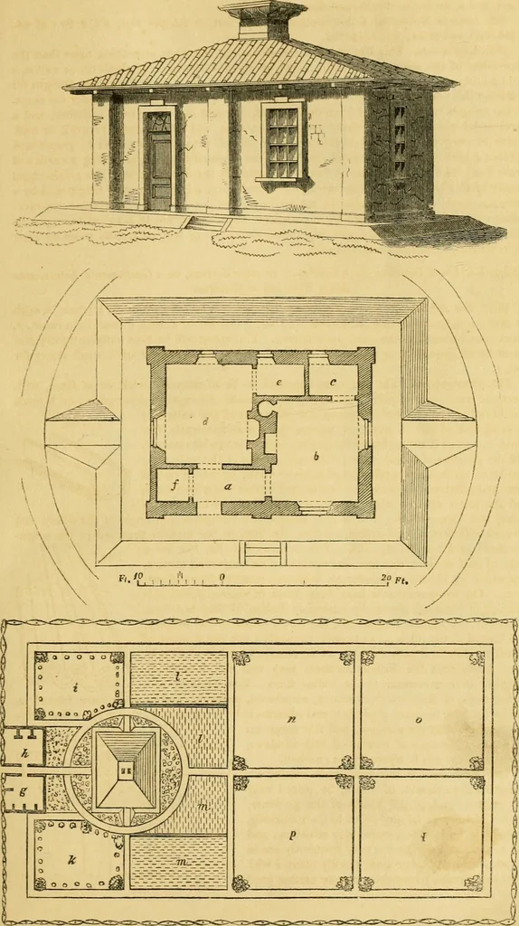 An illustration from An encyclopædia of cottage, farm, and villa architecture and furniture : containing numerous designs for dwellings from the cottage to the villa including farm houses, farmeries, and other agricultural buildings, several designs for country inns, public houses, and parochial schools, with the requisite fittings-up fixtures and furniture ; and appropriate offices, gardens and garden scenery ; each design accompanied by analytical and critical marks illustrative of the principles of archtiectural science and taste on whihc it is composed, 1836, leaf 112