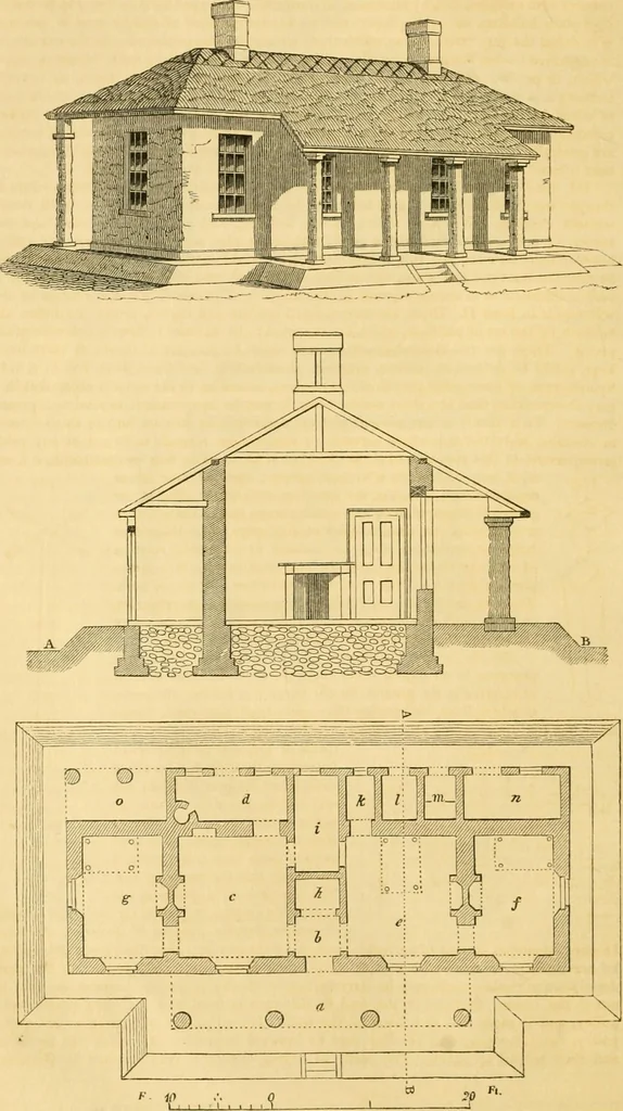 An illustration from An encyclopædia of cottage, farm, and villa architecture and furniture : containing numerous designs for dwellings from the cottage to the villa including farm houses, farmeries, and other agricultural buildings, several designs for country inns, public houses, and parochial schools, with the requisite fittings-up fixtures and furniture ; and appropriate offices, gardens and garden scenery ; each design accompanied by analytical and critical marks illustrative of the principles of archtiectural science and taste on whihc it is composed, 1836, leaf 113