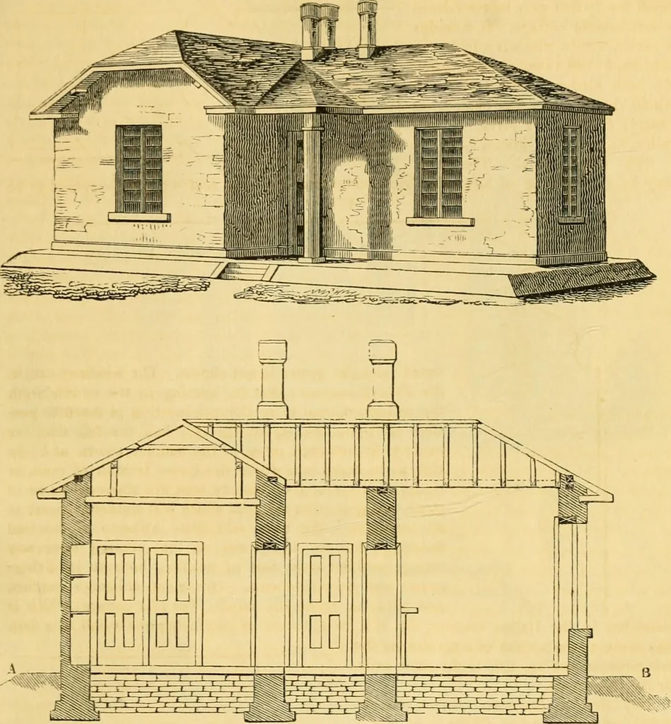 An illustration from An encyclopædia of cottage, farm, and villa architecture and furniture : containing numerous designs for dwellings from the cottage to the villa including farm houses, farmeries, and other agricultural buildings, several designs for country inns, public houses, and parochial schools, with the requisite fittings-up fixtures and furniture ; and appropriate offices, gardens and garden scenery ; each design accompanied by analytical and critical marks illustrative of the principles of archtiectural science and taste on whihc it is composed, 1836, leaf 118