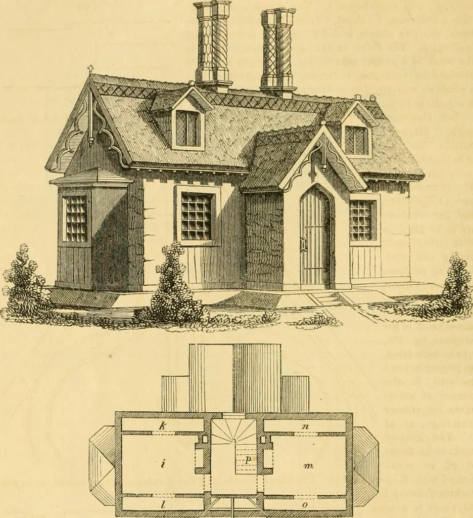An illustration from An encyclopædia of cottage, farm, and villa architecture and furniture : containing numerous designs for dwellings from the cottage to the villa including farm houses, farmeries, and other agricultural buildings, several designs for country inns, public houses, and parochial schools, with the requisite fittings-up fixtures and furniture ; and appropriate offices, gardens and garden scenery ; each design accompanied by analytical and critical marks illustrative of the principles of archtiectural science and taste on whihc it is composed, 1836, leaf 119
