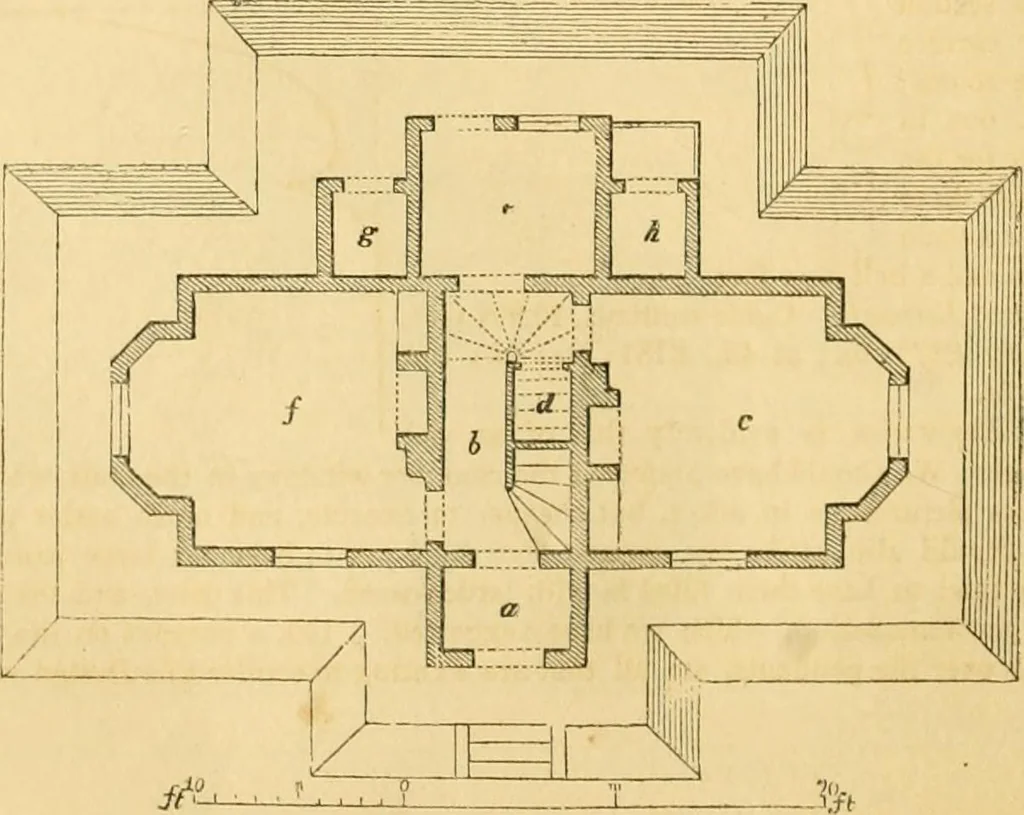 An illustration from An encyclopædia of cottage, farm, and villa architecture and furniture : containing numerous designs for dwellings from the cottage to the villa including farm houses, farmeries, and other agricultural buildings, several designs for country inns, public houses, and parochial schools, with the requisite fittings-up fixtures and furniture ; and appropriate offices, gardens and garden scenery ; each design accompanied by analytical and critical marks illustrative of the principles of archtiectural science and taste on whihc it is composed, 1836, leaf 119