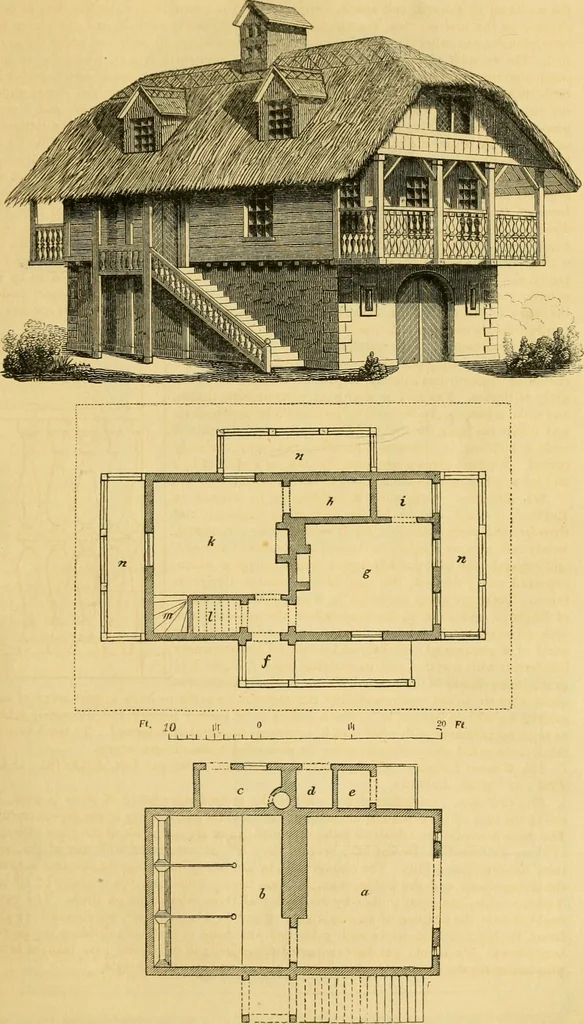 An illustration from An encyclopædia of cottage, farm, and villa architecture and furniture : containing numerous designs for dwellings from the cottage to the villa including farm houses, farmeries, and other agricultural buildings, several designs for country inns, public houses, and parochial schools, with the requisite fittings-up fixtures and furniture ; and appropriate offices, gardens and garden scenery ; each design accompanied by analytical and critical marks illustrative of the principles of archtiectural science and taste on whihc it is composed, 1836, leaf 122