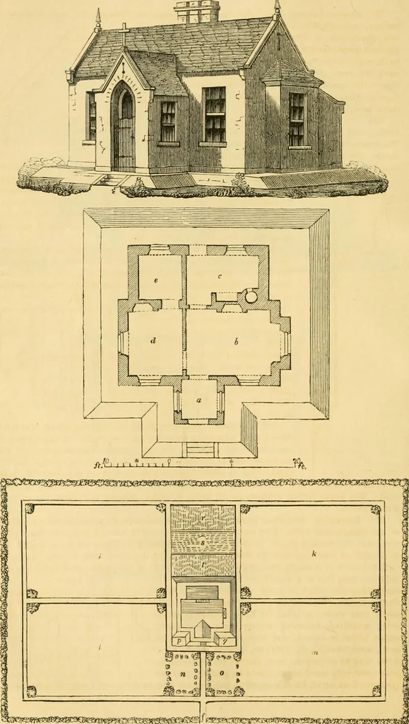 An illustration from An encyclopædia of cottage, farm, and villa architecture and furniture : containing numerous designs for dwellings from the cottage to the villa including farm houses, farmeries, and other agricultural buildings, several designs for country inns, public houses, and parochial schools, with the requisite fittings-up fixtures and furniture ; and appropriate offices, gardens and garden scenery ; each design accompanied by analytical and critical marks illustrative of the principles of archtiectural science and taste on whihc it is composed, 1836, leaf 123