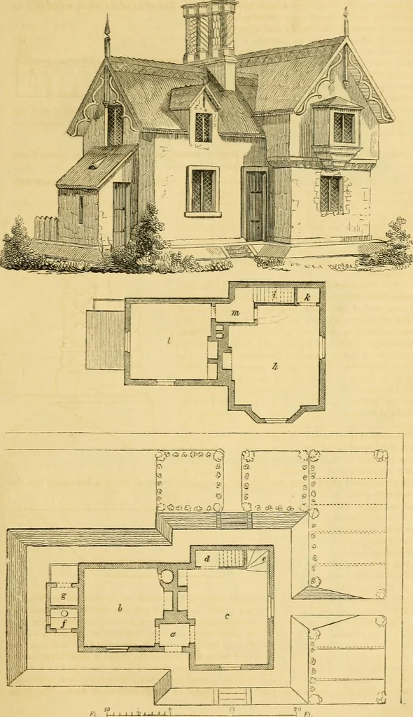 An illustration from An encyclopædia of cottage, farm, and villa architecture and furniture : containing numerous designs for dwellings from the cottage to the villa including farm houses, farmeries, and other agricultural buildings, several designs for country inns, public houses, and parochial schools, with the requisite fittings-up fixtures and furniture ; and appropriate offices, gardens and garden scenery ; each design accompanied by analytical and critical marks illustrative of the principles of archtiectural science and taste on whihc it is composed, 1836, leaf 126