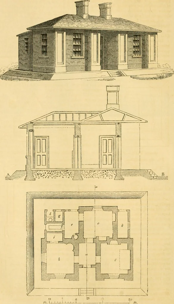 An illustration from An encyclopædia of cottage, farm, and villa architecture and furniture : containing numerous designs for dwellings from the cottage to the villa including farm houses, farmeries, and other agricultural buildings, several designs for country inns, public houses, and parochial schools, with the requisite fittings-up fixtures and furniture ; and appropriate offices, gardens and garden scenery ; each design accompanied by analytical and critical marks illustrative of the principles of archtiectural science and taste on whihc it is composed, 1836, leaf 127