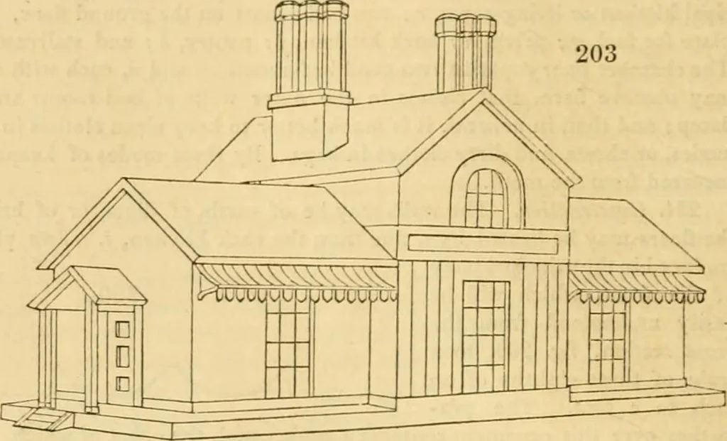 An illustration from An encyclopædia of cottage, farm, and villa architecture and furniture : containing numerous designs for dwellings from the cottage to the villa including farm houses, farmeries, and other agricultural buildings, several designs for country inns, public houses, and parochial schools, with the requisite fittings-up fixtures and furniture ; and appropriate offices, gardens and garden scenery ; each design accompanied by analytical and critical marks illustrative of the principles of archtiectural science and taste on whihc it is composed, 1836, leaf 131