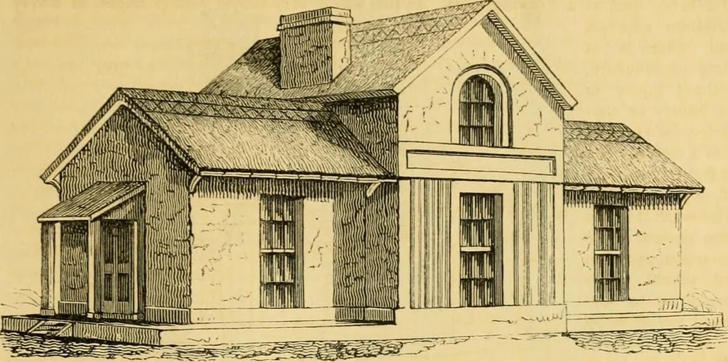 An illustration from An encyclopædia of cottage, farm, and villa architecture and furniture : containing numerous designs for dwellings from the cottage to the villa including farm houses, farmeries, and other agricultural buildings, several designs for country inns, public houses, and parochial schools, with the requisite fittings-up fixtures and furniture ; and appropriate offices, gardens and garden scenery ; each design accompanied by analytical and critical marks illustrative of the principles of archtiectural science and taste on whihc it is composed, 1836, leaf 132