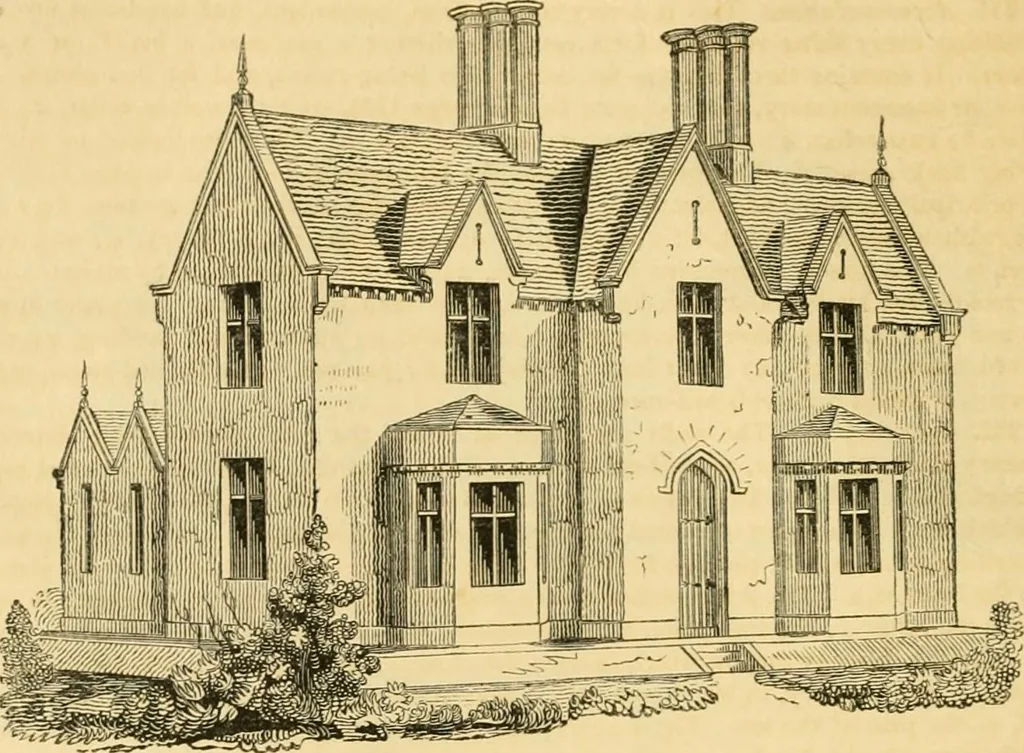 An illustration from An encyclopædia of cottage, farm, and villa architecture and furniture : containing numerous designs for dwellings from the cottage to the villa including farm houses, farmeries, and other agricultural buildings, several designs for country inns, public houses, and parochial schools, with the requisite fittings-up fixtures and furniture ; and appropriate offices, gardens and garden scenery ; each design accompanied by analytical and critical marks illustrative of the principles of archtiectural science and taste on whihc it is composed, 1836, leaf 133