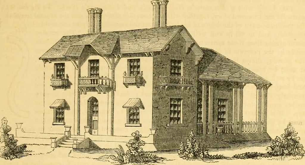 An illustration from An encyclopædia of cottage, farm, and villa architecture and furniture : containing numerous designs for dwellings from the cottage to the villa including farm houses, farmeries, and other agricultural buildings, several designs for country inns, public houses, and parochial schools, with the requisite fittings-up fixtures and furniture ; and appropriate offices, gardens and garden scenery ; each design accompanied by analytical and critical marks illustrative of the principles of archtiectural science and taste on whihc it is composed, 1836, leaf 136