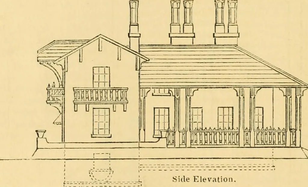 An illustration from An encyclopædia of cottage, farm, and villa architecture and furniture : containing numerous designs for dwellings from the cottage to the villa including farm houses, farmeries, and other agricultural buildings, several designs for country inns, public houses, and parochial schools, with the requisite fittings-up fixtures and furniture ; and appropriate offices, gardens and garden scenery ; each design accompanied by analytical and critical marks illustrative of the principles of archtiectural science and taste on whihc it is composed, 1836, leaf 137