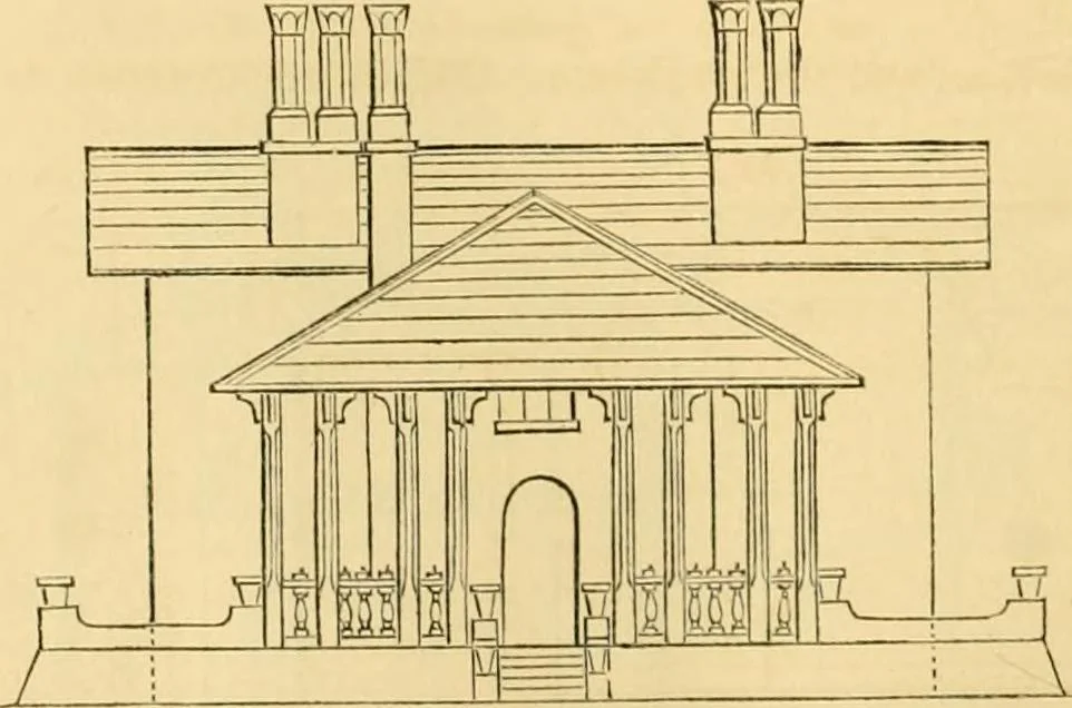 An illustration from An encyclopædia of cottage, farm, and villa architecture and furniture : containing numerous designs for dwellings from the cottage to the villa including farm houses, farmeries, and other agricultural buildings, several designs for country inns, public houses, and parochial schools, with the requisite fittings-up fixtures and furniture ; and appropriate offices, gardens and garden scenery ; each design accompanied by analytical and critical marks illustrative of the principles of archtiectural science and taste on whihc it is composed, 1836, leaf 137
