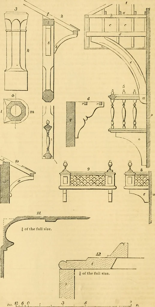 An illustration from An encyclopædia of cottage, farm, and villa architecture and furniture : containing numerous designs for dwellings from the cottage to the villa including farm houses, farmeries, and other agricultural buildings, several designs for country inns, public houses, and parochial schools, with the requisite fittings-up fixtures and furniture ; and appropriate offices, gardens and garden scenery ; each design accompanied by analytical and critical marks illustrative of the principles of archtiectural science and taste on whihc it is composed, 1836, leaf 141