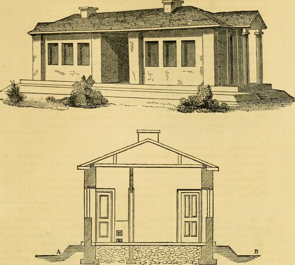 An illustration from An encyclopædia of cottage, farm, and villa architecture and furniture : containing numerous designs for dwellings from the cottage to the villa including farm houses, farmeries, and other agricultural buildings, several designs for country inns, public houses, and parochial schools, with the requisite fittings-up fixtures and furniture ; and appropriate offices, gardens and garden scenery ; each design accompanied by analytical and critical marks illustrative of the principles of archtiectural science and taste on whihc it is composed, 1836, leaf 156