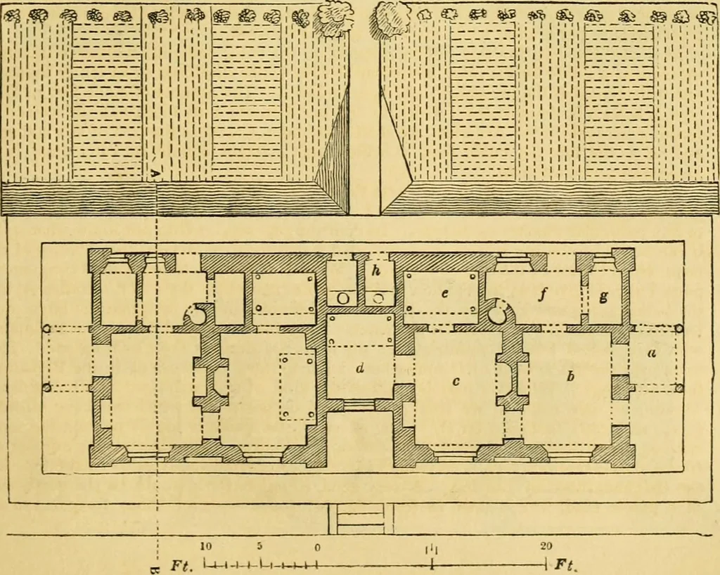 An illustration from An encyclopædia of cottage, farm, and villa architecture and furniture : containing numerous designs for dwellings from the cottage to the villa including farm houses, farmeries, and other agricultural buildings, several designs for country inns, public houses, and parochial schools, with the requisite fittings-up fixtures and furniture ; and appropriate offices, gardens and garden scenery ; each design accompanied by analytical and critical marks illustrative of the principles of archtiectural science and taste on whihc it is composed, 1836, leaf 156