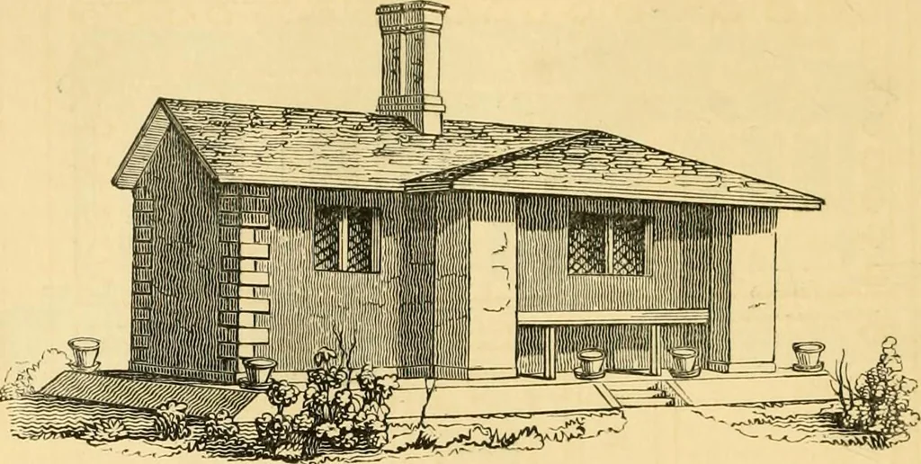 An illustration from An encyclopædia of cottage, farm, and villa architecture and furniture : containing numerous designs for dwellings from the cottage to the villa including farm houses, farmeries, and other agricultural buildings, several designs for country inns, public houses, and parochial schools, with the requisite fittings-up fixtures and furniture ; and appropriate offices, gardens and garden scenery ; each design accompanied by analytical and critical marks illustrative of the principles of archtiectural science and taste on whihc it is composed, 1836, leaf 157