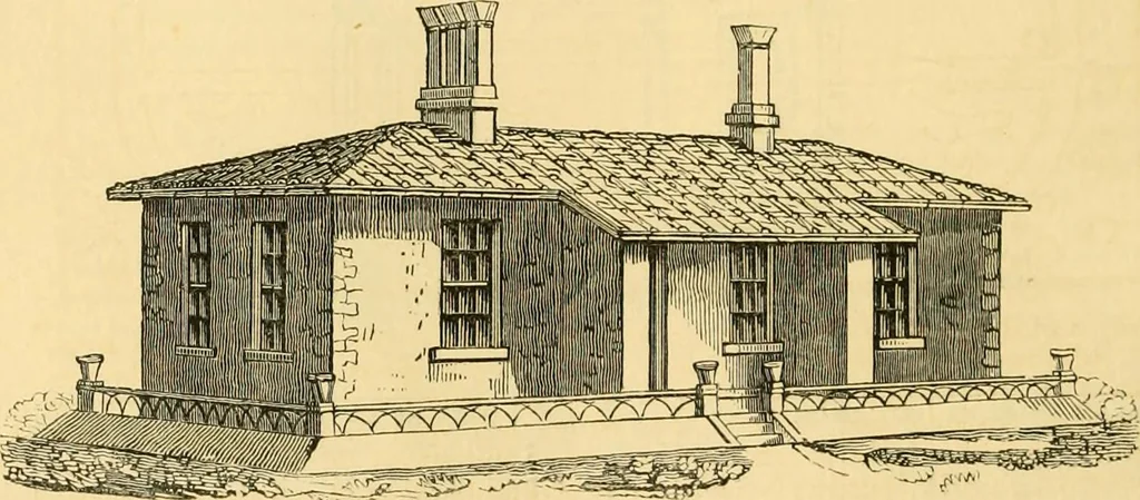 An illustration from An encyclopædia of cottage, farm, and villa architecture and furniture : containing numerous designs for dwellings from the cottage to the villa including farm houses, farmeries, and other agricultural buildings, several designs for country inns, public houses, and parochial schools, with the requisite fittings-up fixtures and furniture ; and appropriate offices, gardens and garden scenery ; each design accompanied by analytical and critical marks illustrative of the principles of archtiectural science and taste on whihc it is composed, 1836, leaf 157