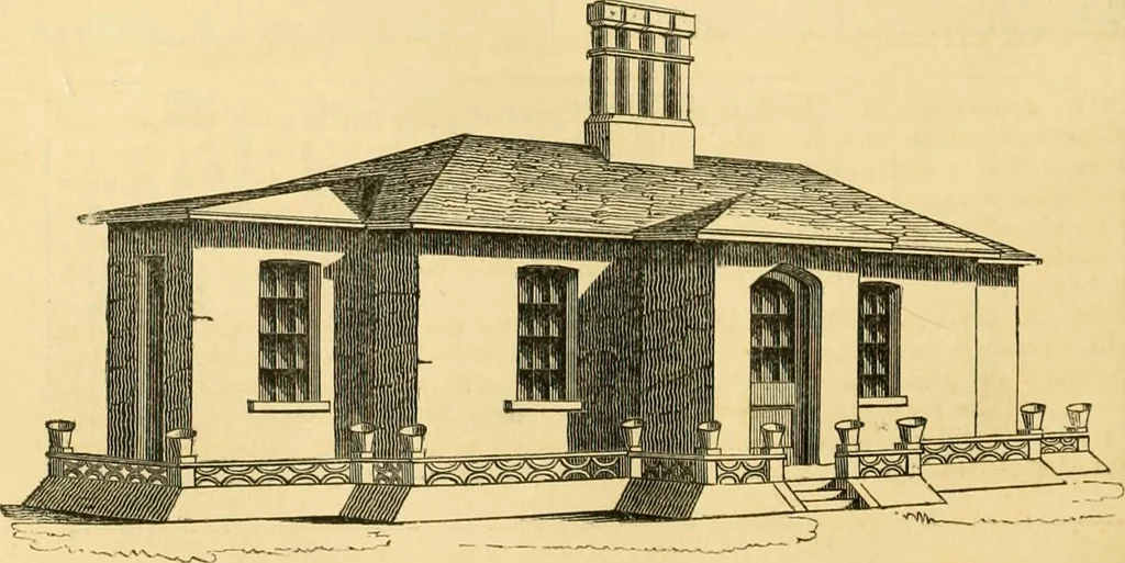 An illustration from An encyclopædia of cottage, farm, and villa architecture and furniture : containing numerous designs for dwellings from the cottage to the villa including farm houses, farmeries, and other agricultural buildings, several designs for country inns, public houses, and parochial schools, with the requisite fittings-up fixtures and furniture ; and appropriate offices, gardens and garden scenery ; each design accompanied by analytical and critical marks illustrative of the principles of archtiectural science and taste on whihc it is composed, 1836, leaf 157