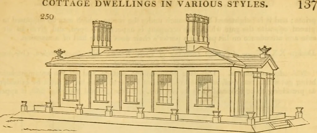 An illustration from An encyclopædia of cottage, farm, and villa architecture and furniture : containing numerous designs for dwellings from the cottage to the villa including farm houses, farmeries, and other agricultural buildings, several designs for country inns, public houses, and parochial schools, with the requisite fittings-up fixtures and furniture ; and appropriate offices, gardens and garden scenery ; each design accompanied by analytical and critical marks illustrative of the principles of archtiectural science and taste on whihc it is composed, 1836, leaf 160